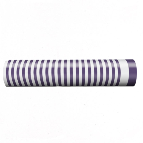 Rotolo cilindrico di rete agricola a bande verticali viola e bianche alternate, fotografato su fondo bianco.