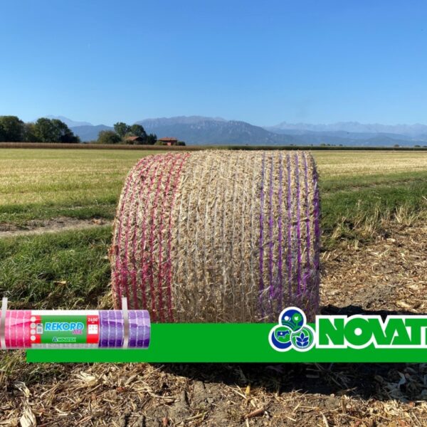 Rotoballa avvolta da rete bianca con strisce rosa e viola, fascia Novatex e rotolo etichettato Rekord ML 2600 in un campo soleggiato.