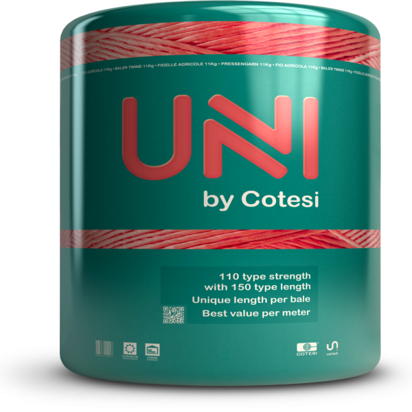 Render UNI by Cotesi su nero: involucro teal, spago arancio, 11 kg, box 110/150 e loghi Cotesi uni tech.