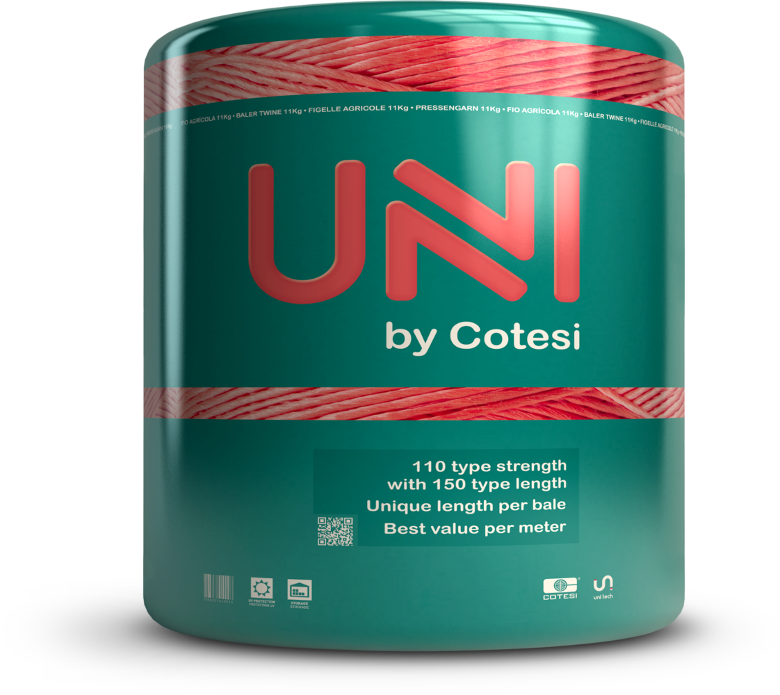 Spago UNI 3D su nero 11 kg Render UNI by Cotesi su nero: involucro teal, spago arancio, 11 kg, box 110/150 e loghi Cotesi uni tech.