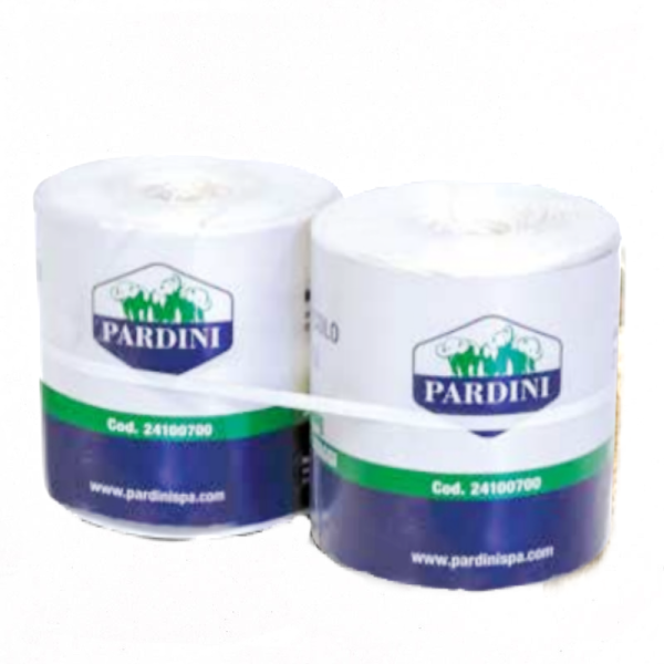 Due bobine bianche affiancate Pardini, etichette verdi con pecore stilizzate, barra blu e sito pardinispa.com.
