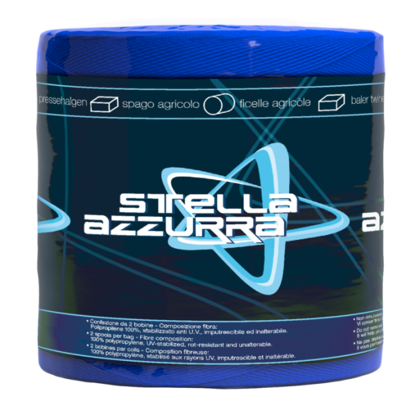 Bobina blu Stella Azzurra: logo a stella, testi spago agricolo in più lingue, 100% PP UV e pacco da due bobine.