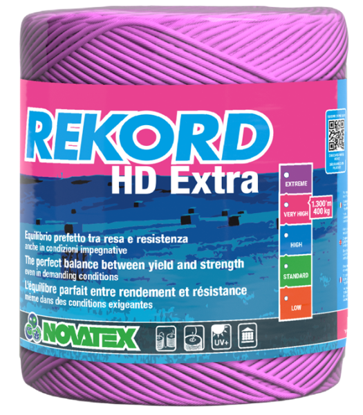 Bobina rosa Rekord HD Extra Novatex su bianco: slogan resa/resistenza, scala Very High, 1.300 m e 400 kg.