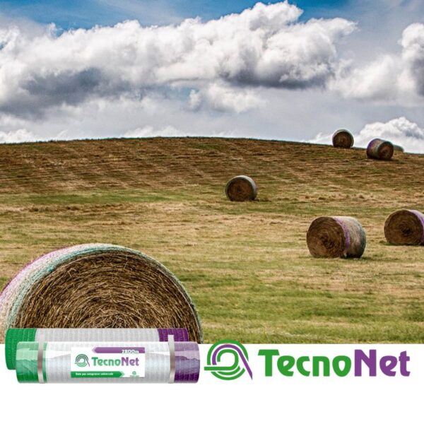 Rotoballe in un campo collinare e, in primo piano, balla avvolta da rete bianca con bande verde e viola, più rotoli TecnoNet 2800 m.