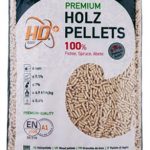 Sacco 15 kg Premium Holz Pellets HD+ 100% abete, ENplus A1, marchio Rettenmeier, pellet chiaro in vista.