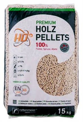Sacco 15 kg Premium Holz Pellets HD+ 100% abete, ENplus A1, marchio Rettenmeier, pellet chiaro in vista.