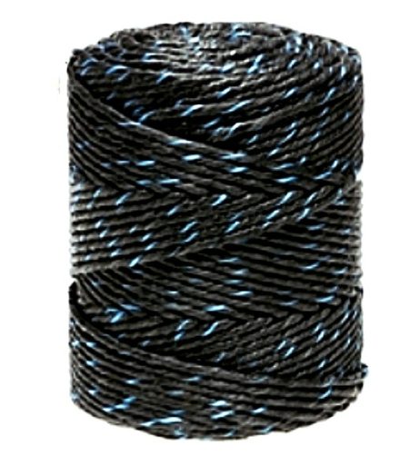 Bobina cilindrica di cordino nero intrecciato, con sottili filamenti conduttori blu brillante.