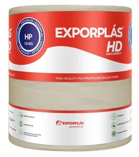 Bobina beige Exporplás HD HP 10 kg: etichetta rossa e bianca, icone UV, resistenza e metraggio, spago polipropilene.