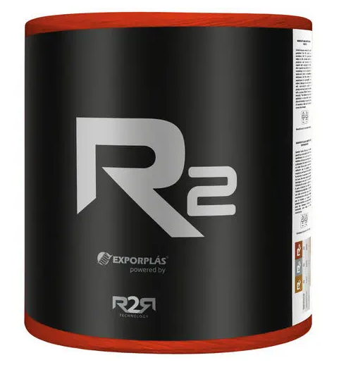 Bobina nera R2 Exporplás: grande R2 argento, spago arancio-rosso, R2R Technology e pannello testi a destra.