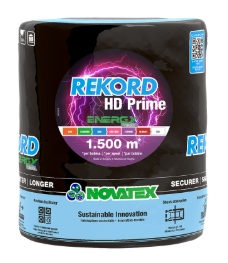 Bobina nera Rekord HD Prime Energy Tech Novatex: saette magenta, 1.500 m, fascia azzurra Stronger Longer Securer Sharper.