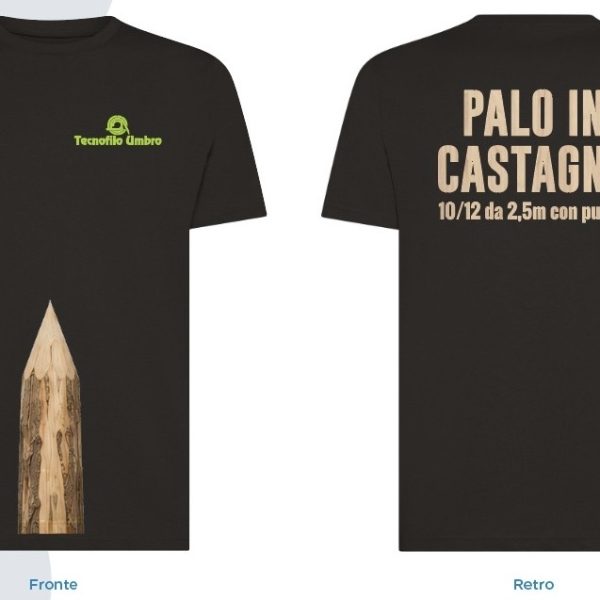 T-Shirt nera con palo in castagno su sfondo bianco