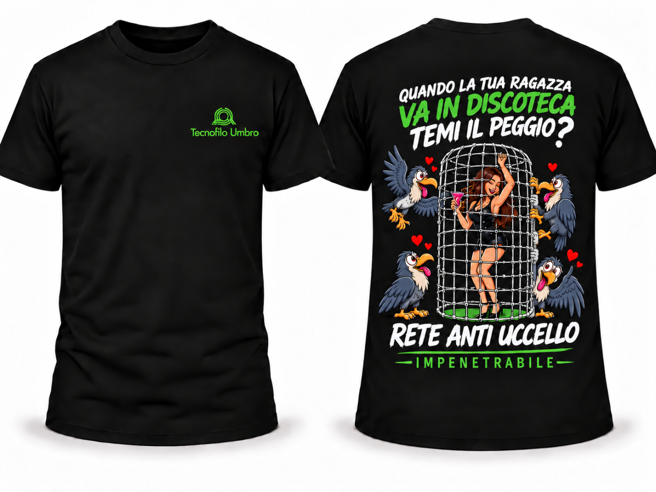 T-Shirt RETE ANTI UCCELLO T-Shirt nera con scritte sul retro su sfondo bianco