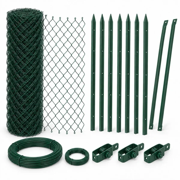 rotolo rete verde, pali a t, filo tensione, filo legature e tendifilo